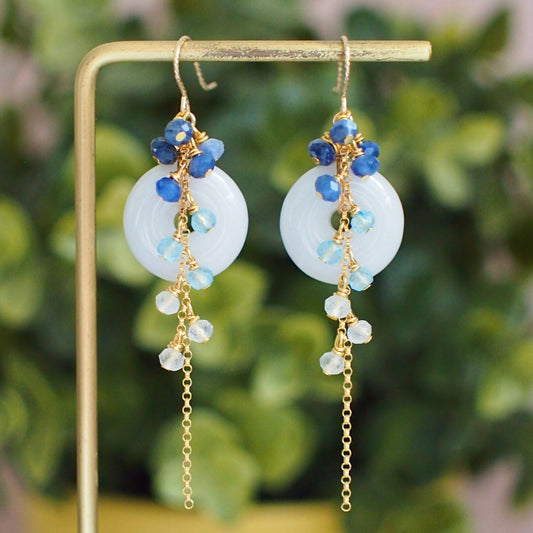 Type A Burmese White Jade Donut Earrings // Long Cascading Gems  // Blue Ombre // 14K Gold-filled // Unconventional & Stylish