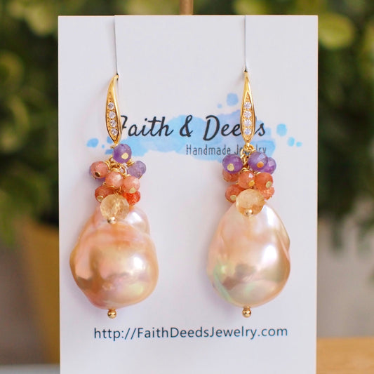Rainbow Baroque Pearl Earrings // Gems Cluster // Flameball Pearls // Citrine Quartz x Sunstone x Amethyst // 14K Gold-filled // Vibrant