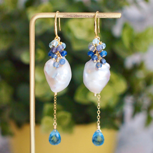 Baroque Pearl Earrings // Statement Earrings // Gems Cluster // 14K Gold-filled // Elegant & Charming