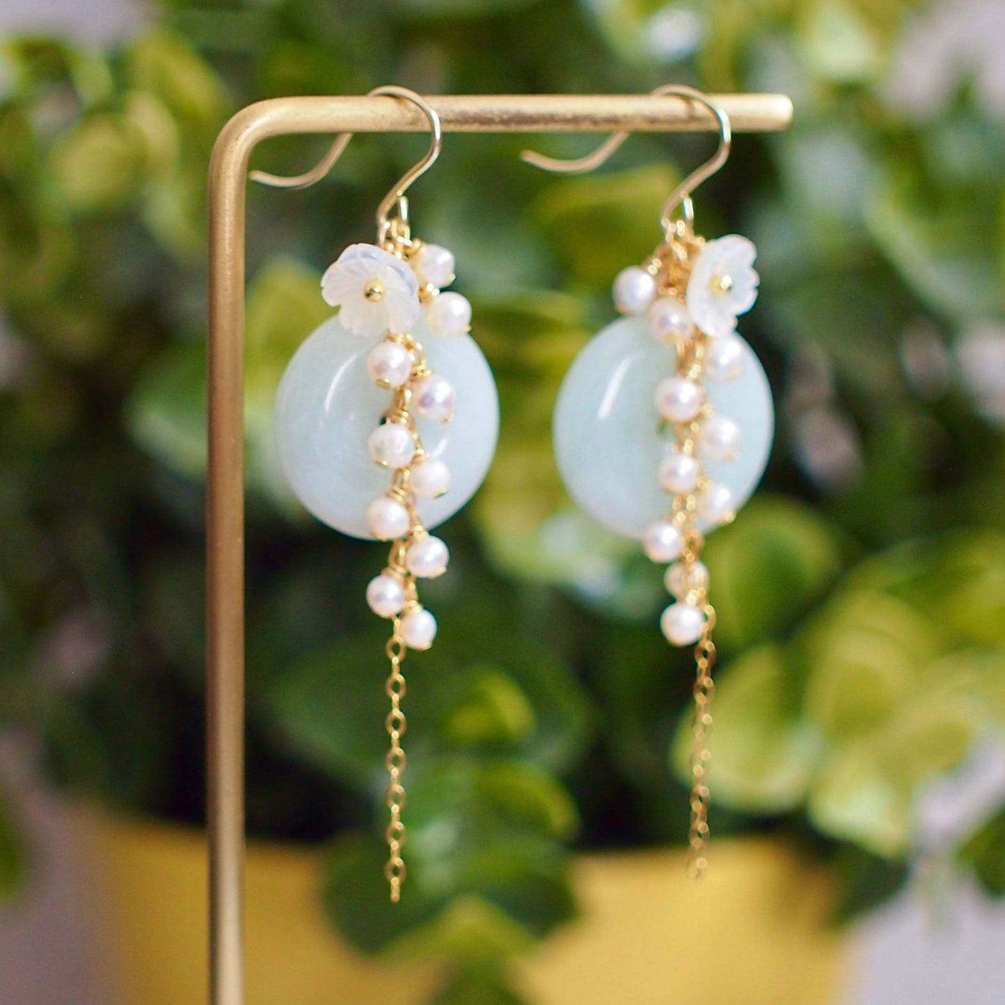 Type A Burmese Jade Donut Earrings // Pearl Cluster // Mother of Pearl Flower // 14K Gold-filled // Elegant and Sweet