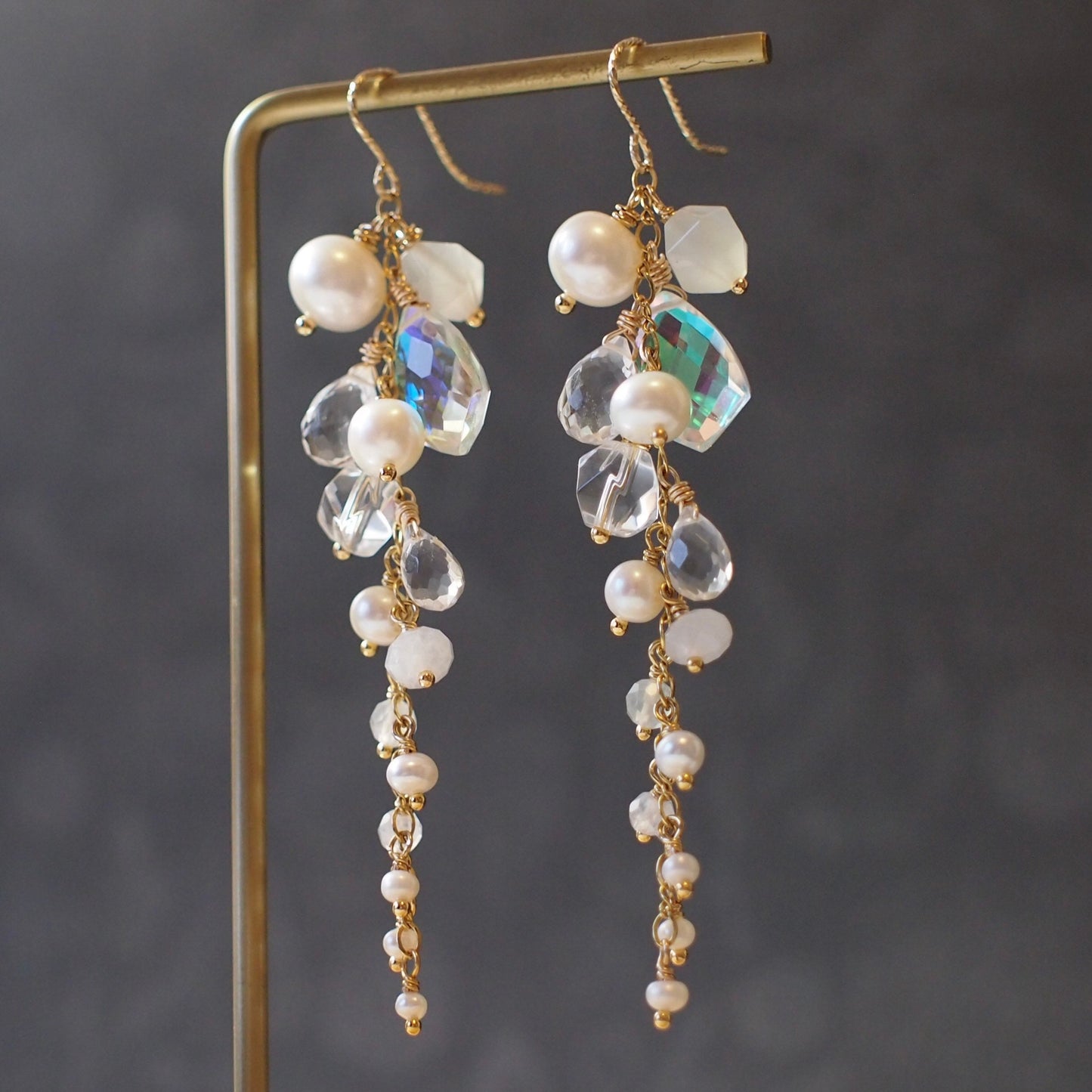 Multi Stones Dangle Earrings // White Theme // Dangling Style // Gems Cluster // Sparkly & Graceful // 14K Gold-filled // Bridal