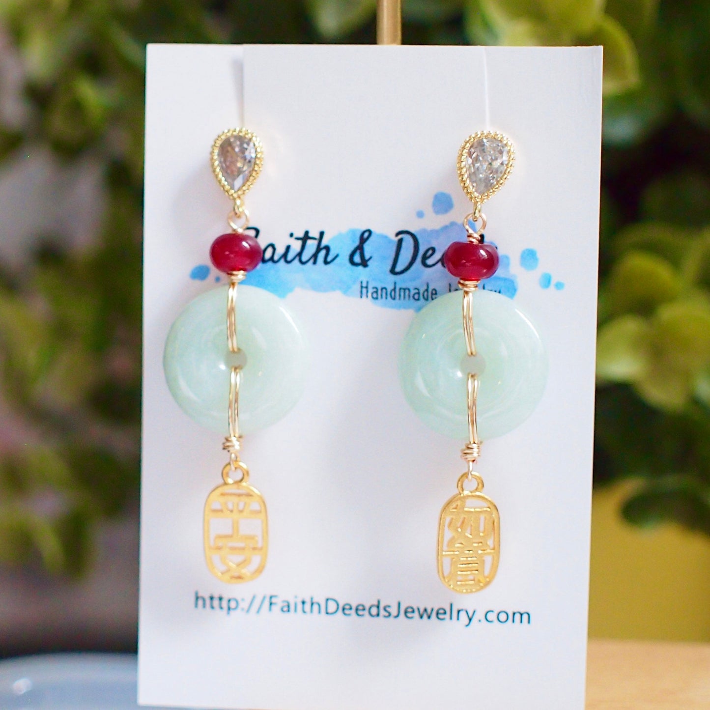 Type A Burmese Jade Donut Earrings // Red Chalcedony // Charms of Blessings // 14K Gold-filled // Oriental Theme