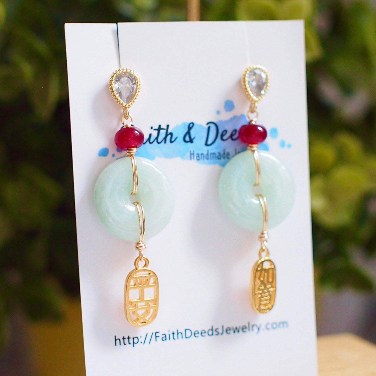 Type A Burmese Jade Donut Earrings // Red Chalcedony // Charms of Blessings // 14K Gold-filled // Oriental Theme