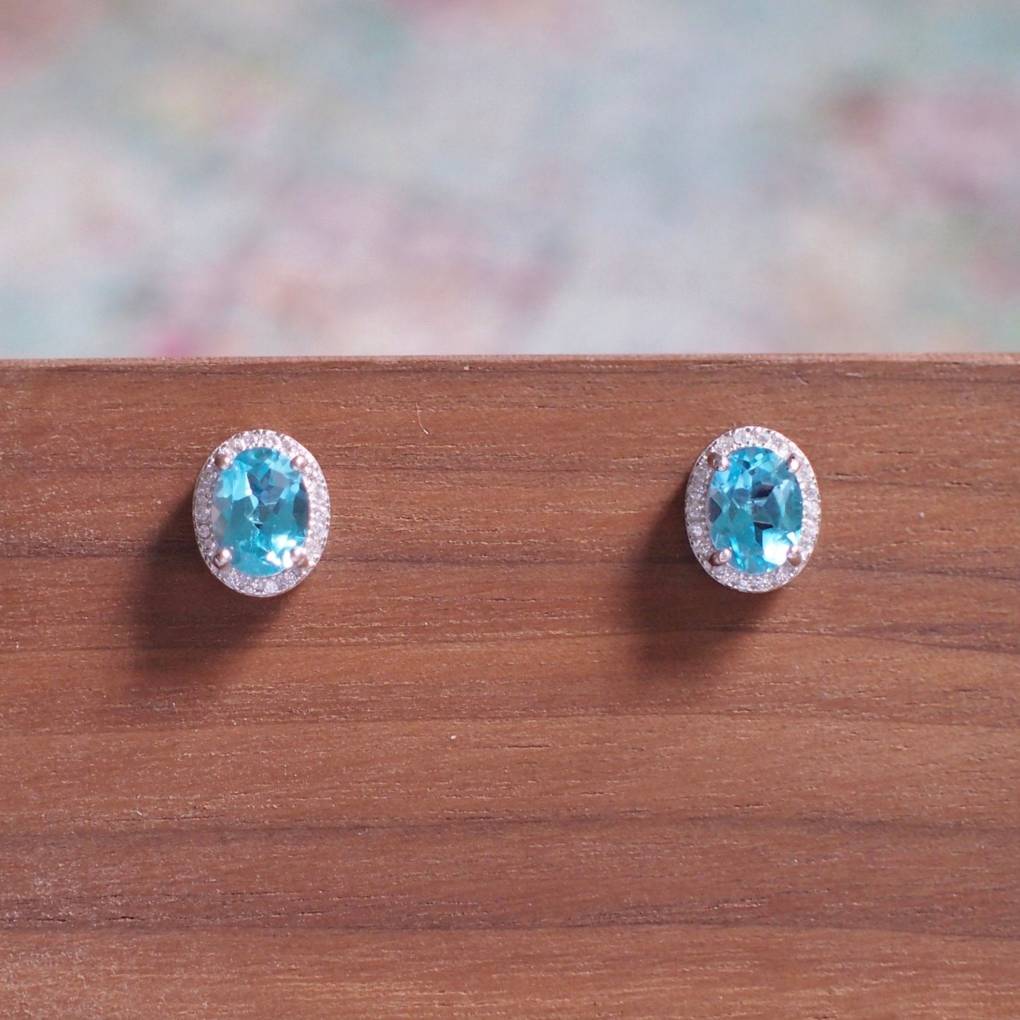Blue Topaz Earrings // Halo Setting // Cubic Zirconia // 18K White Gold Plated Over Silver