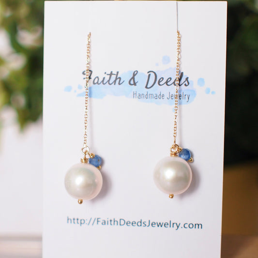 Fresh Water Pearl Earrings // Simple Threader Earrings // Blue Sapphire // 14K Gold-filled // Dangling Style // Sassy