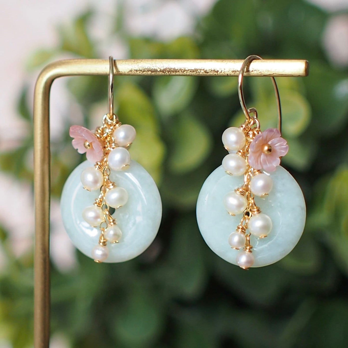 Type A Burmese Jade Donut Earrings // Pearl Cluster // Mother of Pearl Flower // 14K Gold-filled // Romantic & Graceful
