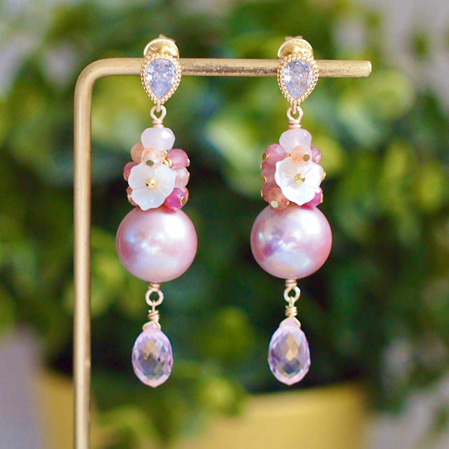 Purple Edison Pearl x Pink Quartz Earrings // Gem Cluster // 14K Gold-filled // Sweet & Unique