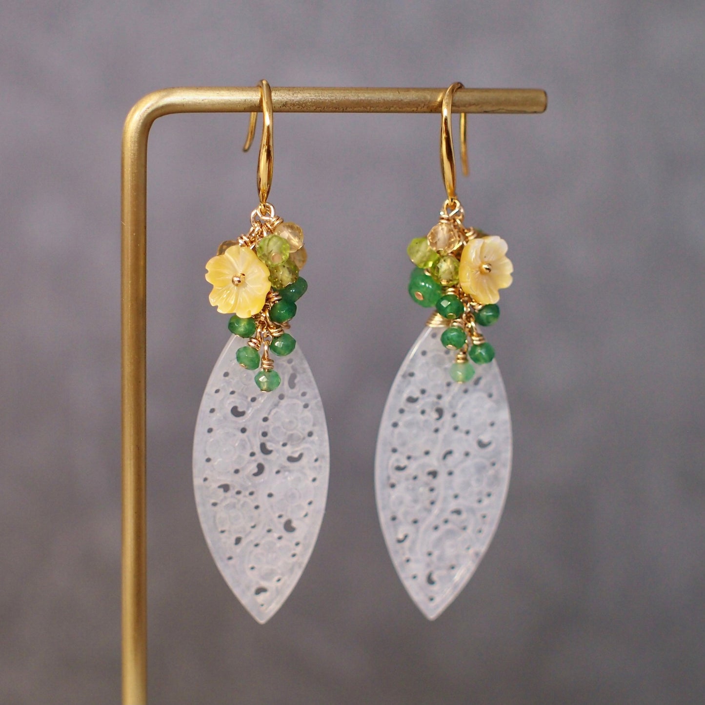 Type A White Carved Jadeite Statement Earrings // Gem Cluster // Aventurine x Peridot x Citrine Quartz // 14K Gold-filled// Modern & Elegant