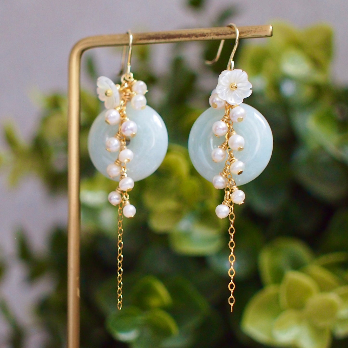 Type A Burmese Jade Donut Earrings // Pearl Cluster // Mother of Pearl Flower // 14K Gold-filled // Elegant and Sweet