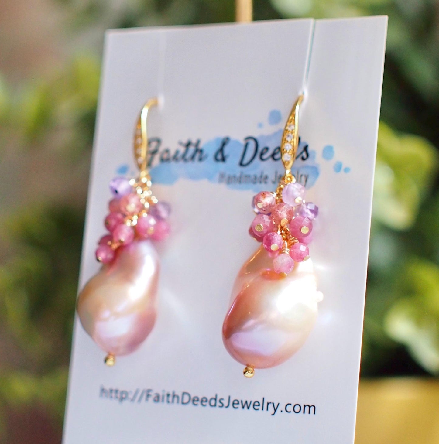 Rainbow Baroque Pearl Earrings // Gems Cluster // Flameball Pearls // Pink Gem Cluster // 14K Gold-filled