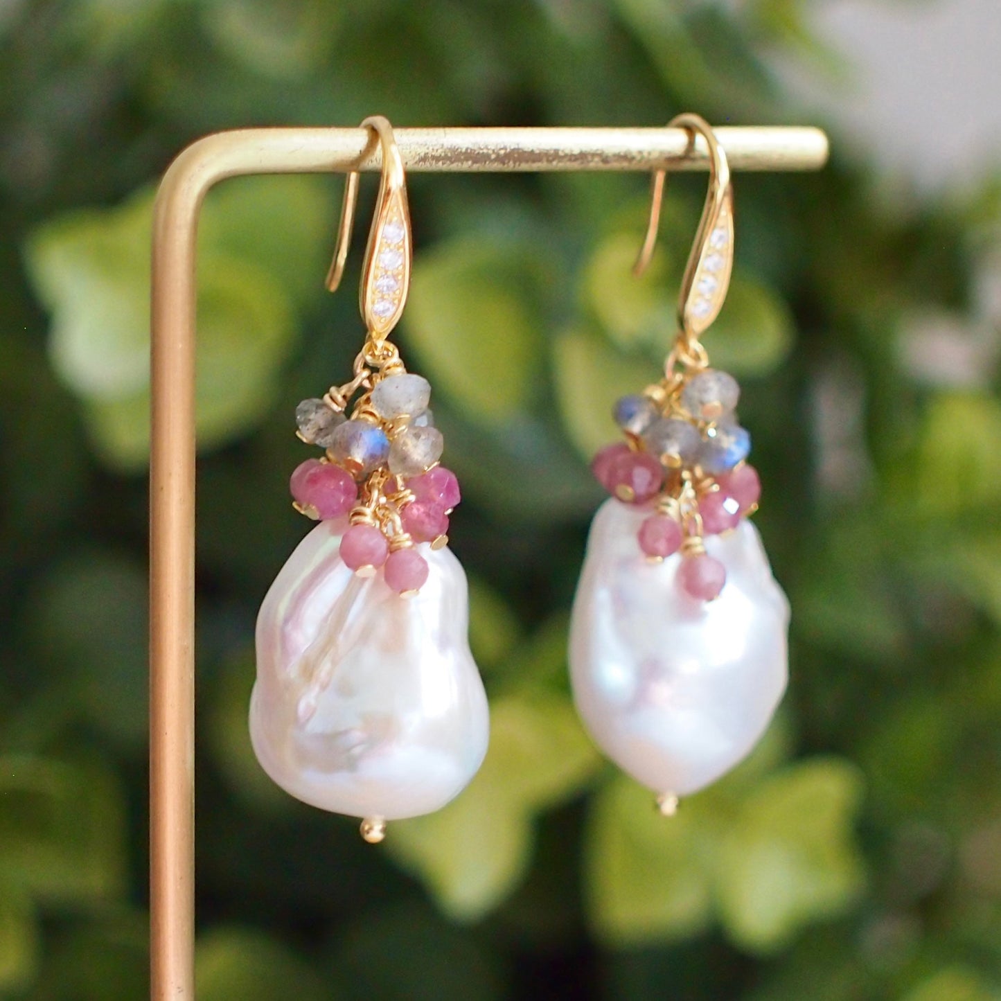 Baroque Pearl Earrings // Statement Earrings // Gems Cluster // Pink Tourmaline x Labradorite // 14K Gold-filled