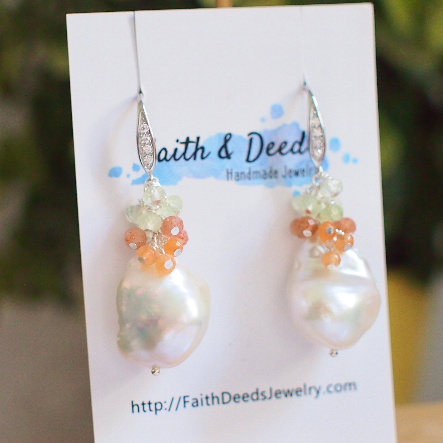 Baroque Pearl Earrings // Statement Earrings // Gems Cluster // Sunstone x Prehnite // 925 Sterling Silver