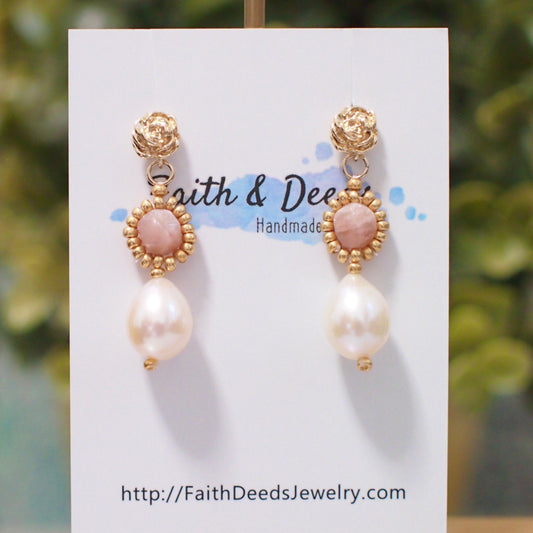 Sunstones x Baroque Pearl Earrings // Beaded // Elegant & Sweet // 14K Gold-filled