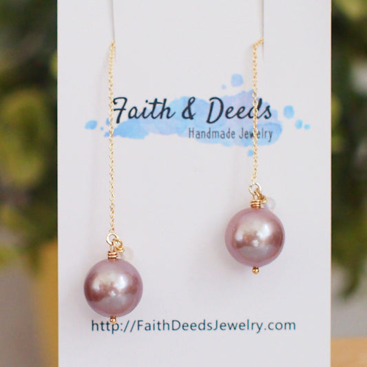 Purple Edison Pearl Earrings // Simple Threader Earrings // Rainbow Moonstone // 14K Gold-filled // Dangling Style // Sassy