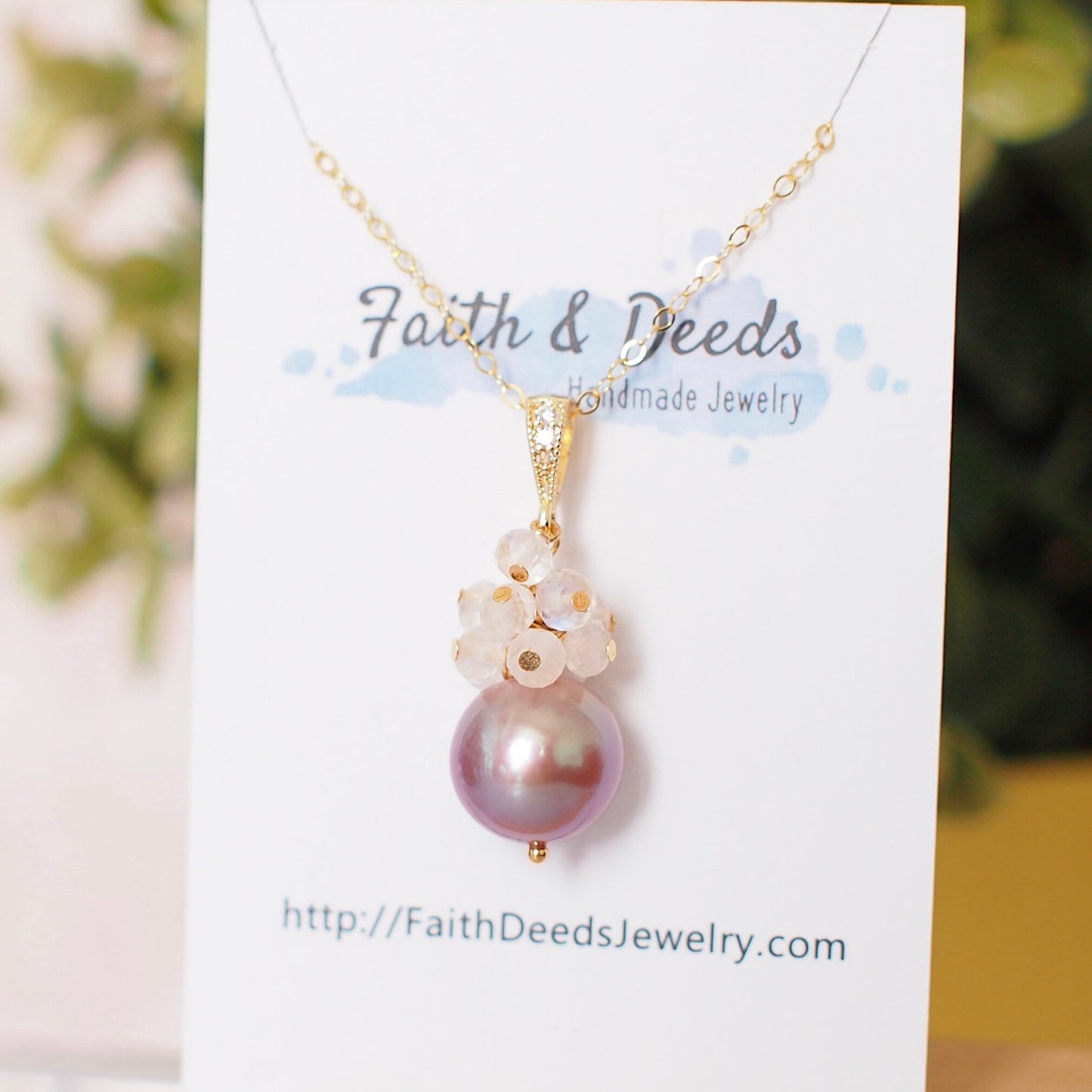 Edison Pearl Pendant // Natural Pinkish Purple // Rainbow Moonstone Cluster // 14K Gold-filled