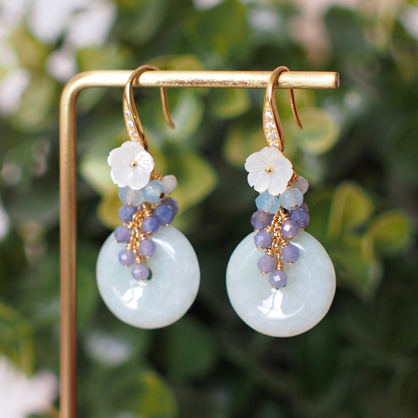 Type A Burmese Jade Donut Earrings // Gem Cluster // Mother of Pearl Flower // 14K Gold-filled // Dreamy & Romantic