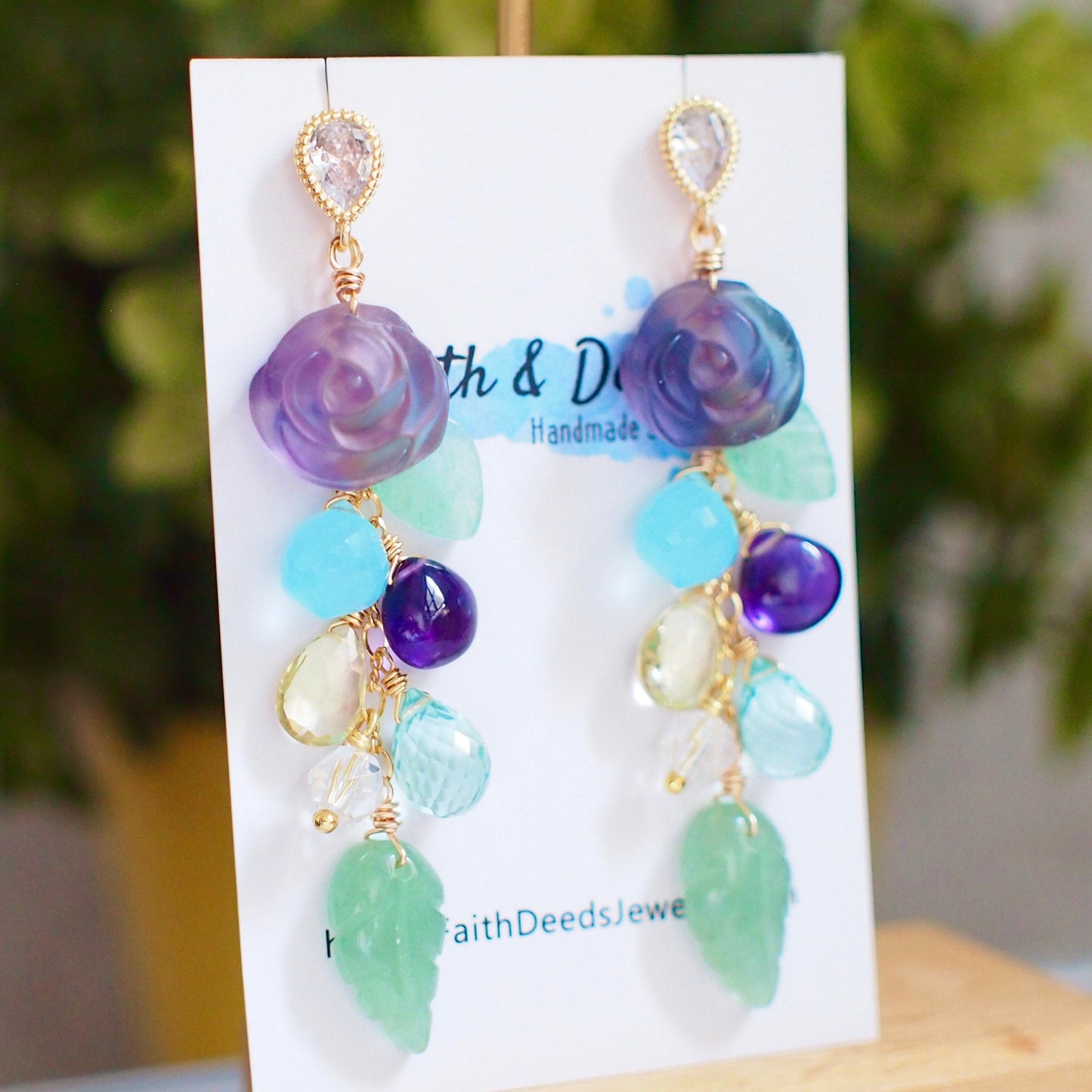 Carved Fluorite Rose x Multi Stones Earrings // Dangling Style // Statement Earrings // 14K Gold-filled