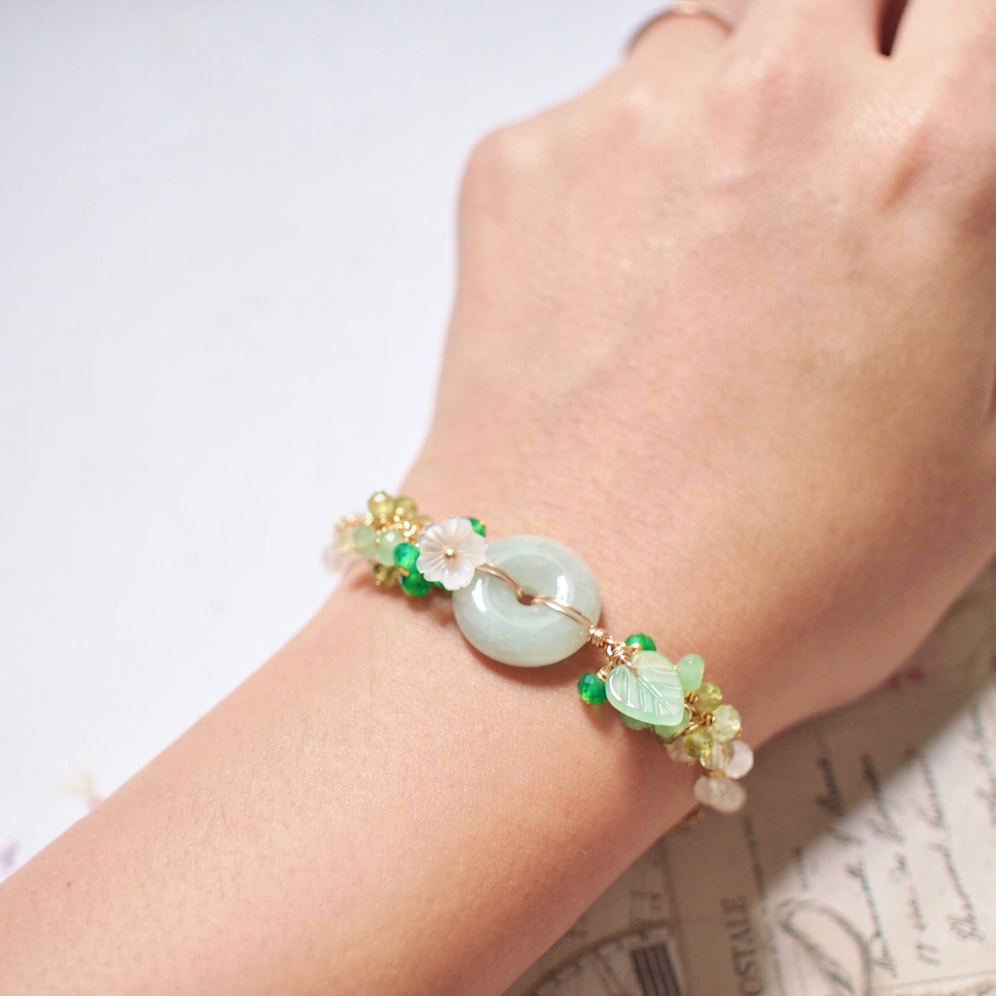 Type A Burmese Jade Donut Bracelet // Floral Design // 14K Gold-filled // Refreshing & Youthful