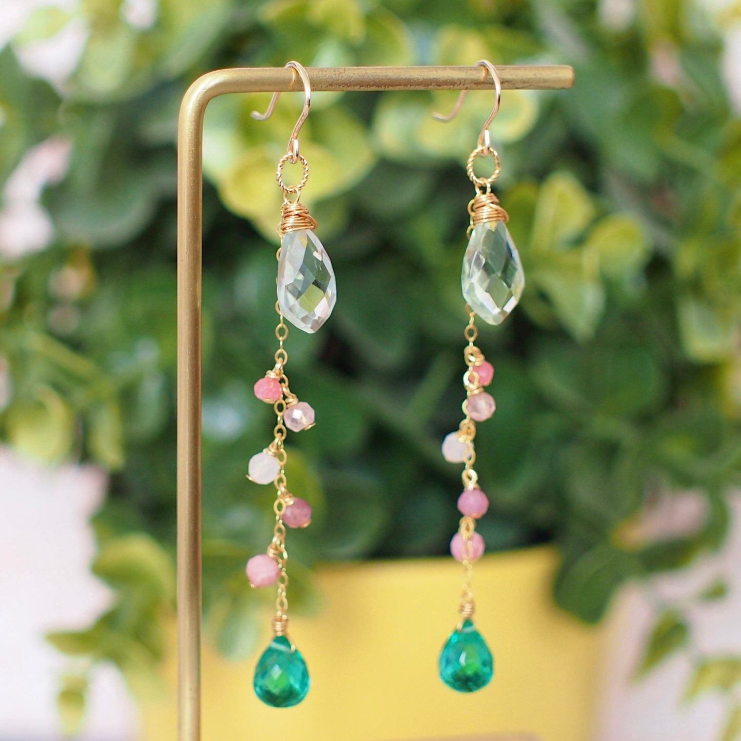 Green Amethyst x Green Quartz Earrings // Dangling Style // 14K Gold-filled // Wire-wrapped // Assorted Gems // Refreshing & Feminine