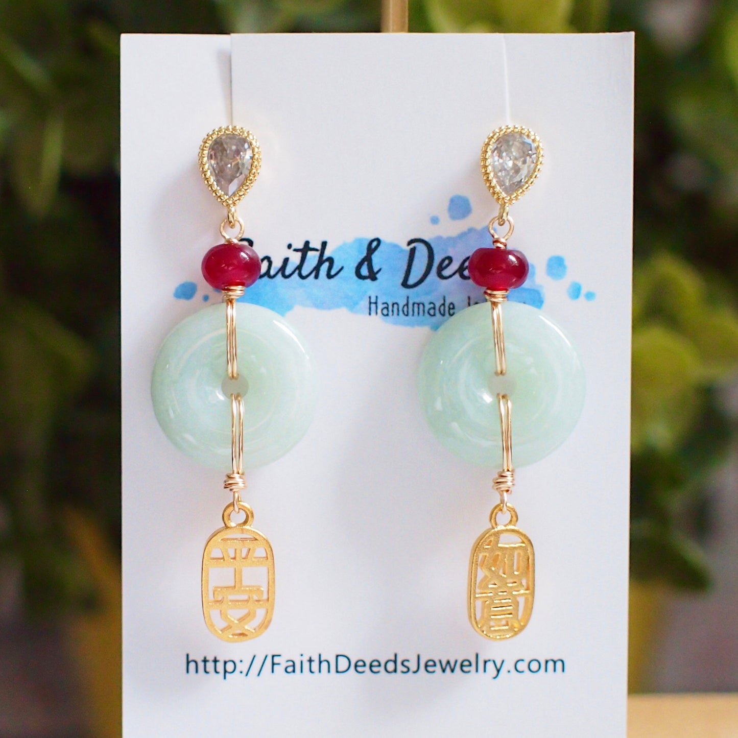 Type A Burmese Jade Donut Earrings // Red Chalcedony // Charms of Blessings // 14K Gold-filled // Oriental Theme