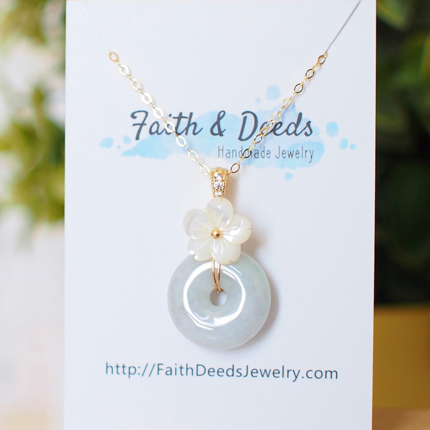 Type A Burmese Jade Donut Pendant // Mother-of-Pearl Flower // 14K Gold-filled // Simple & Graceful