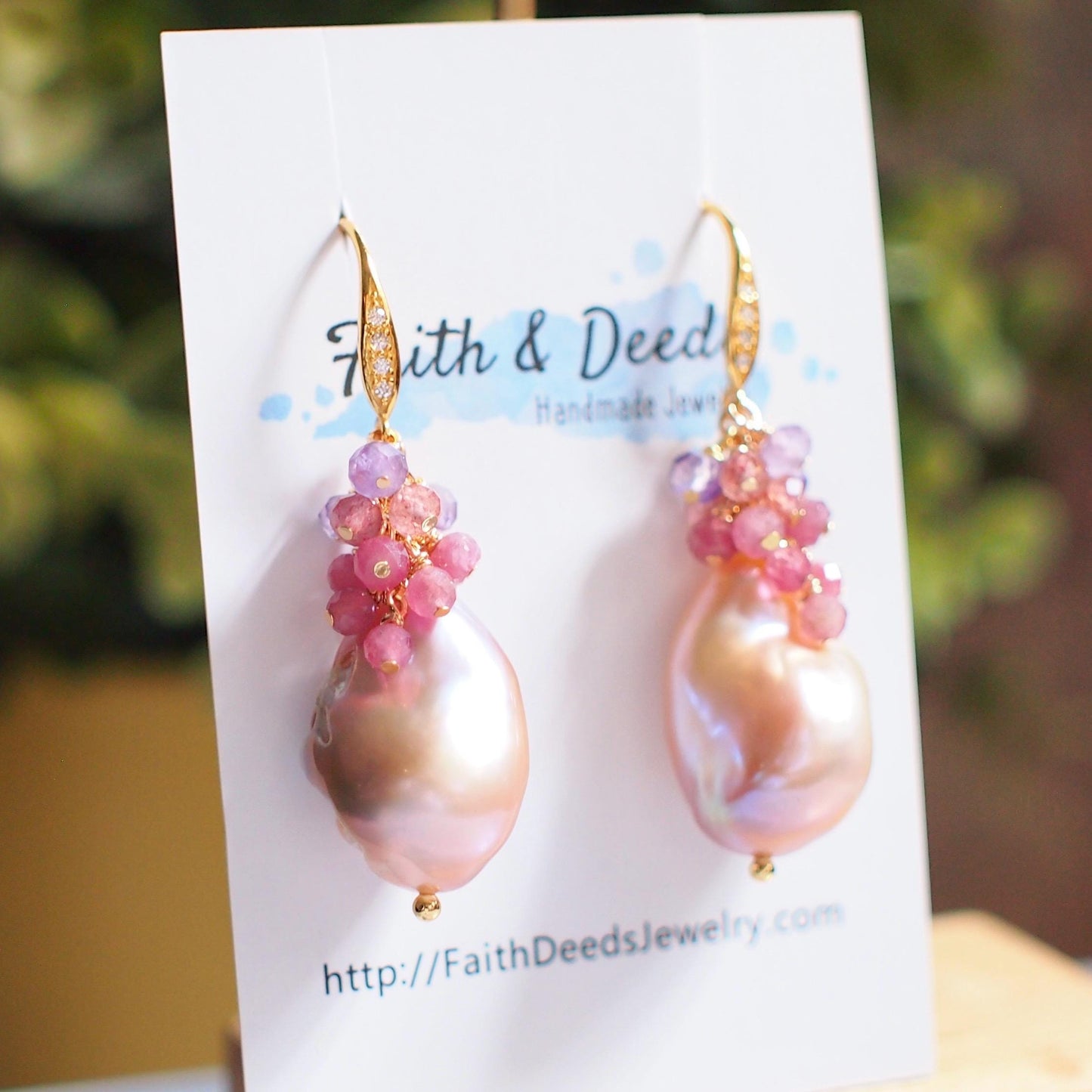 Rainbow Baroque Pearl Earrings // Gems Cluster // Flameball Pearls // Pink Gem Cluster // 14K Gold-filled