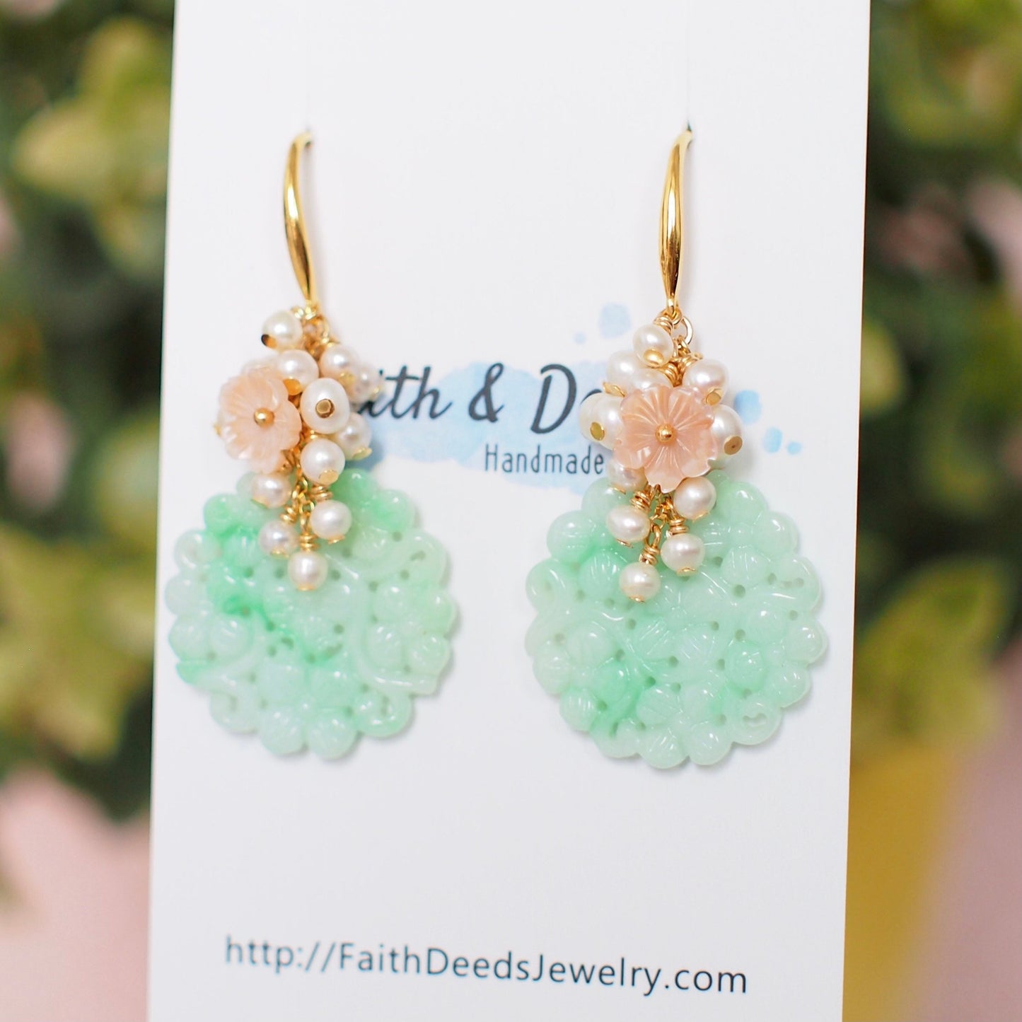 Type A Carved Jadeite Statement Earrings // Pearl Cluster // 14K Gold-filled // Feminine & Elegant