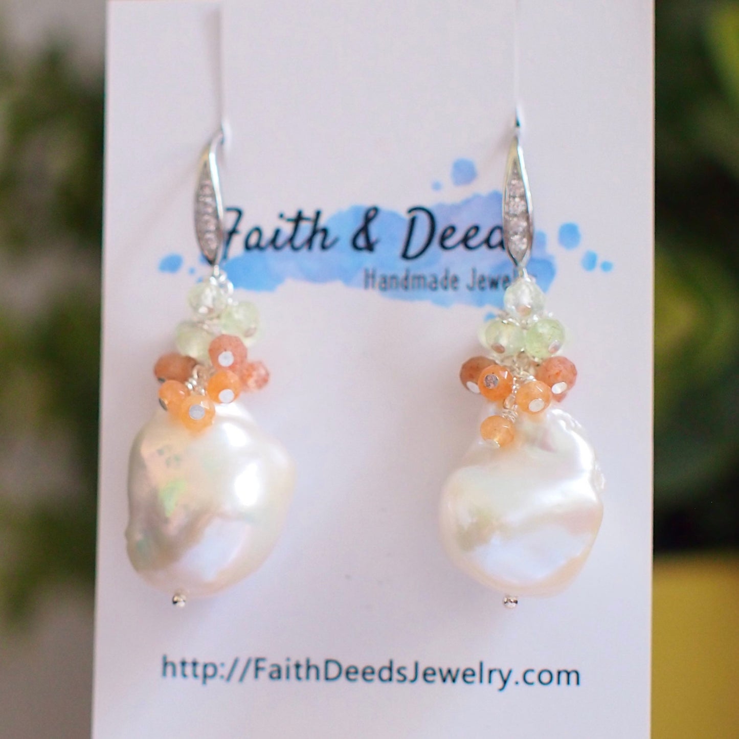 Baroque Pearl Earrings // Statement Earrings // Gems Cluster // Sunstone x Prehnite // 925 Sterling Silver