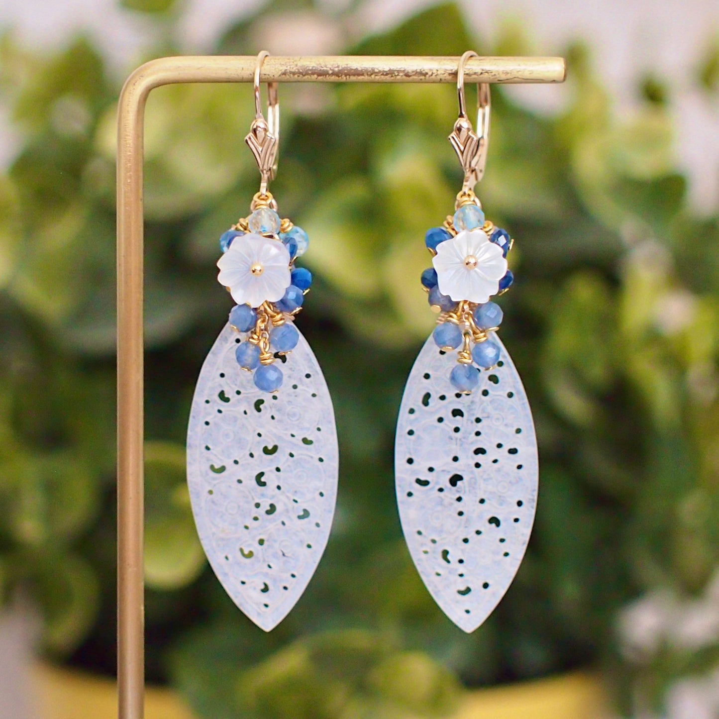 Type A White Carved Jadeite Statement Earrings // Blue Gem Cluster // 14K Gold-filled // Graceful & Regal