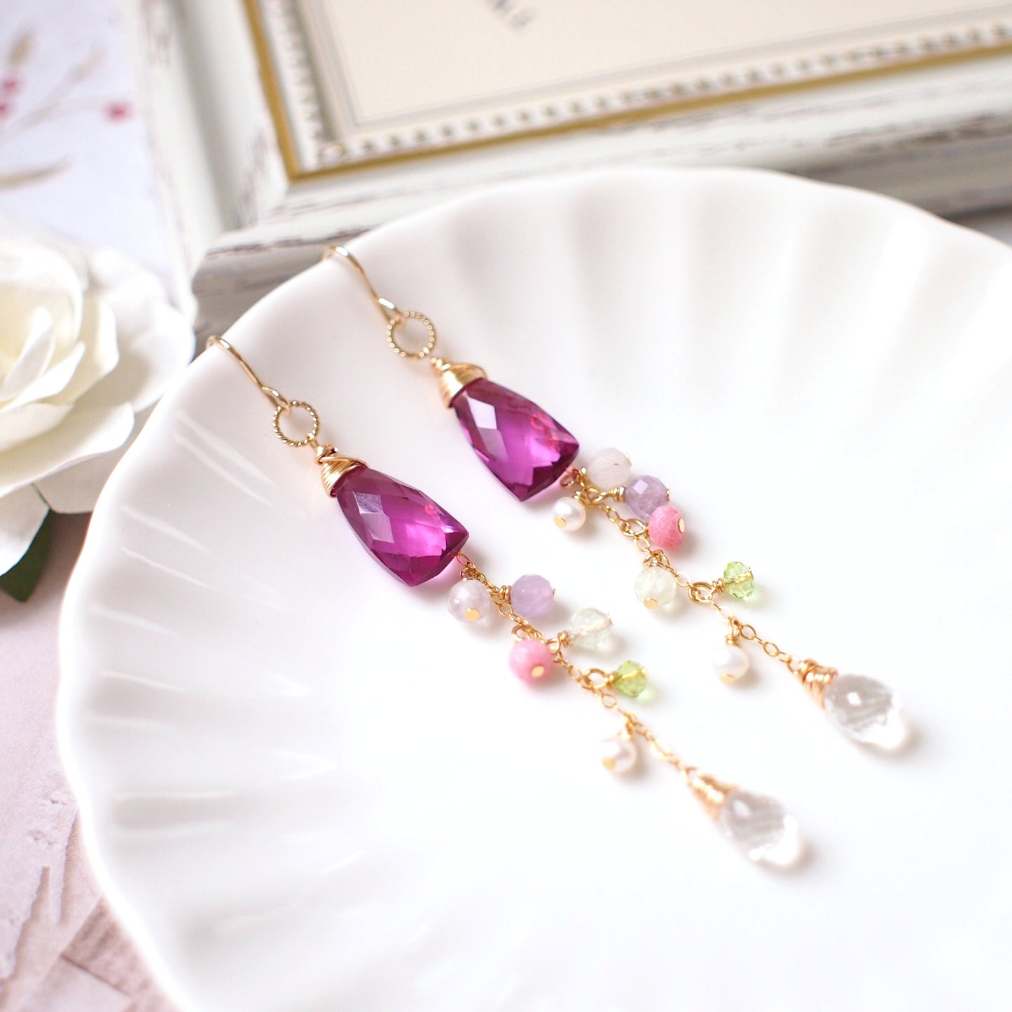 Rhodolite Pink Quartz Earrings // Dangling Style // 14K Gold-filled // Wire-wrapped // Assorted Gems // Sweet & Sassy