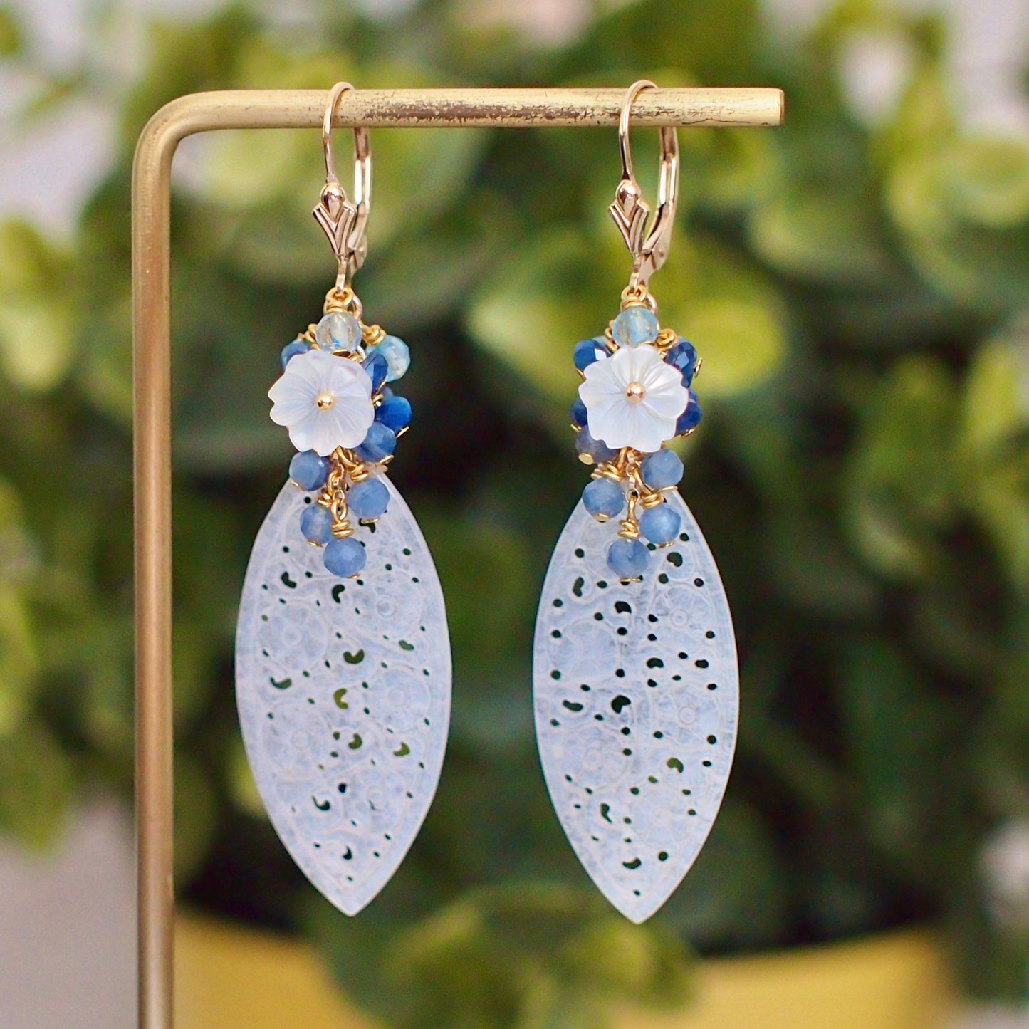 Type A White Carved Jadeite Statement Earrings // Blue Gem Cluster // 14K Gold-filled // Graceful & Regal