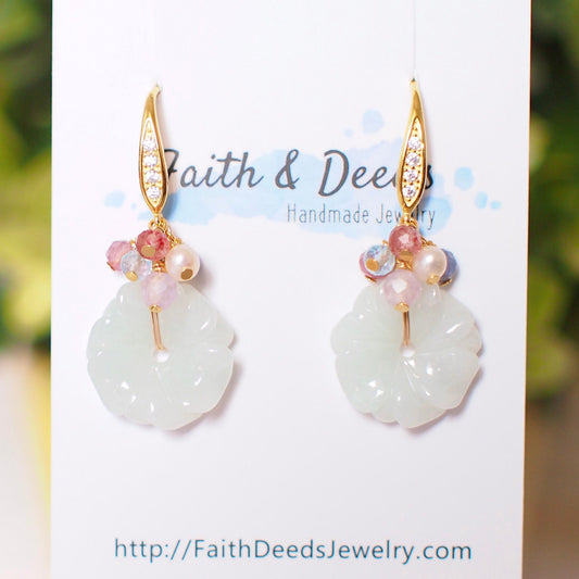 Type A Burmese Carved Jade Flower Earrings // Pastel Gem Cluster // 14K Gold-filled // Sweet & Feminine