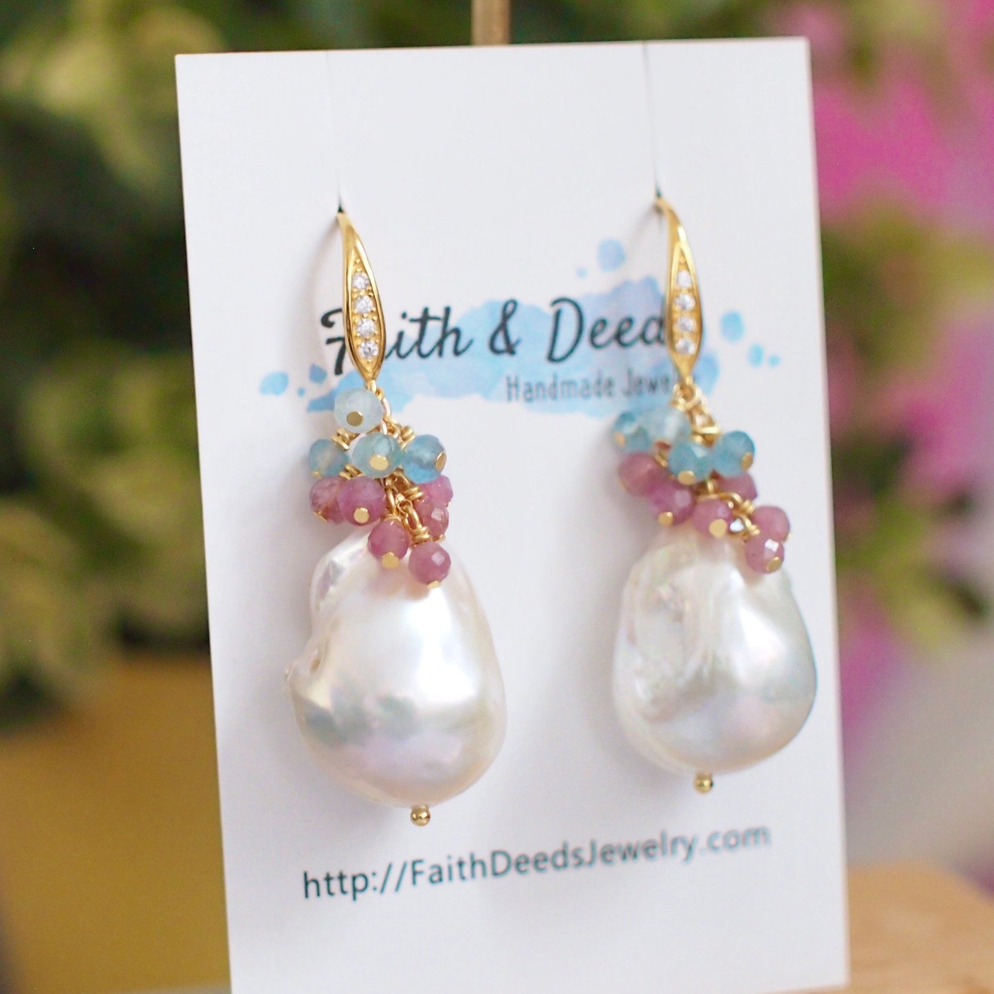 Baroque Pearl Earrings // Statement Earrings // Gems Cluster // Pink Tourmaline x Aquamarine // 14K Gold-filled