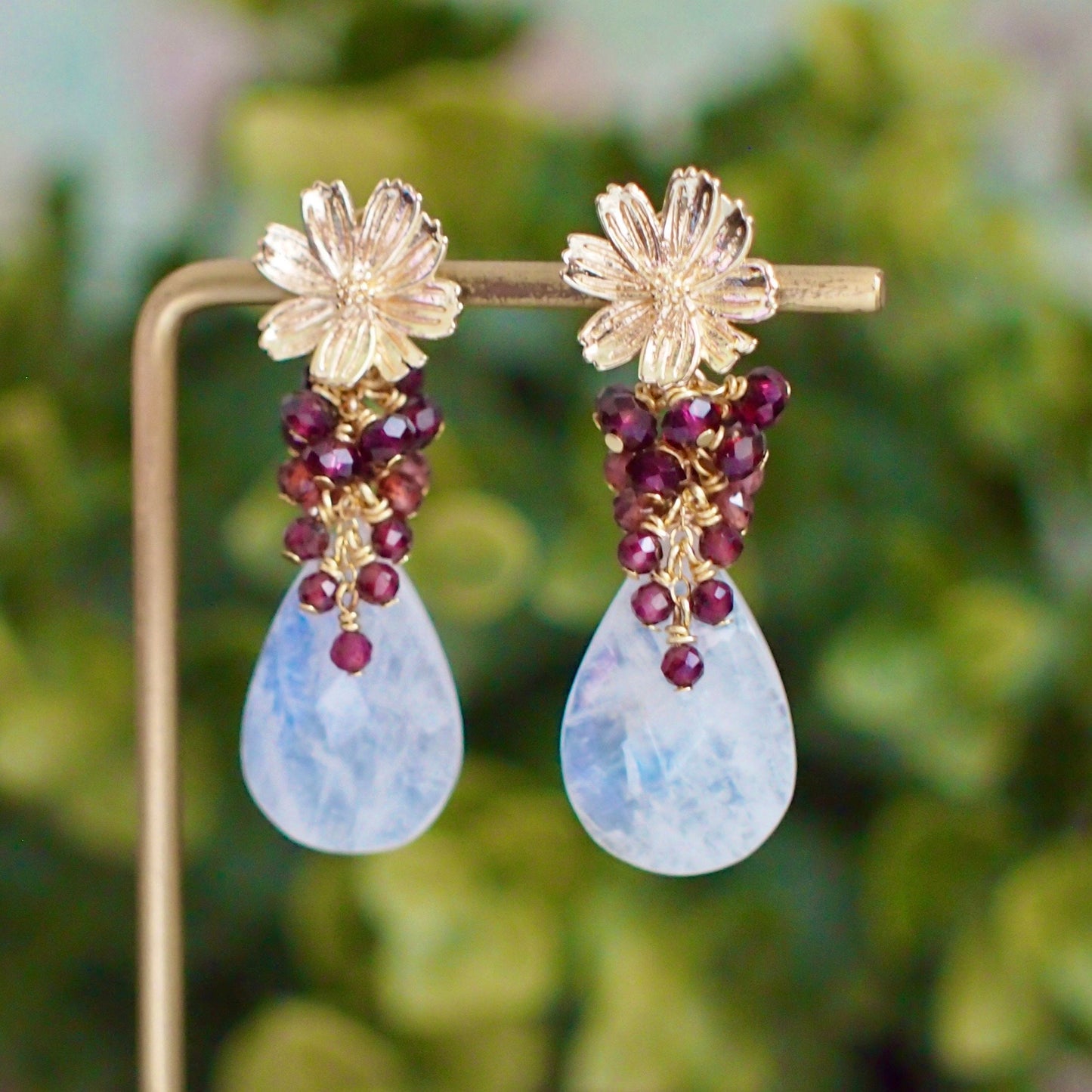Rainbow Moonstone Earrings // Statement Earrings // Garnet Cluster // Regal & Elegant