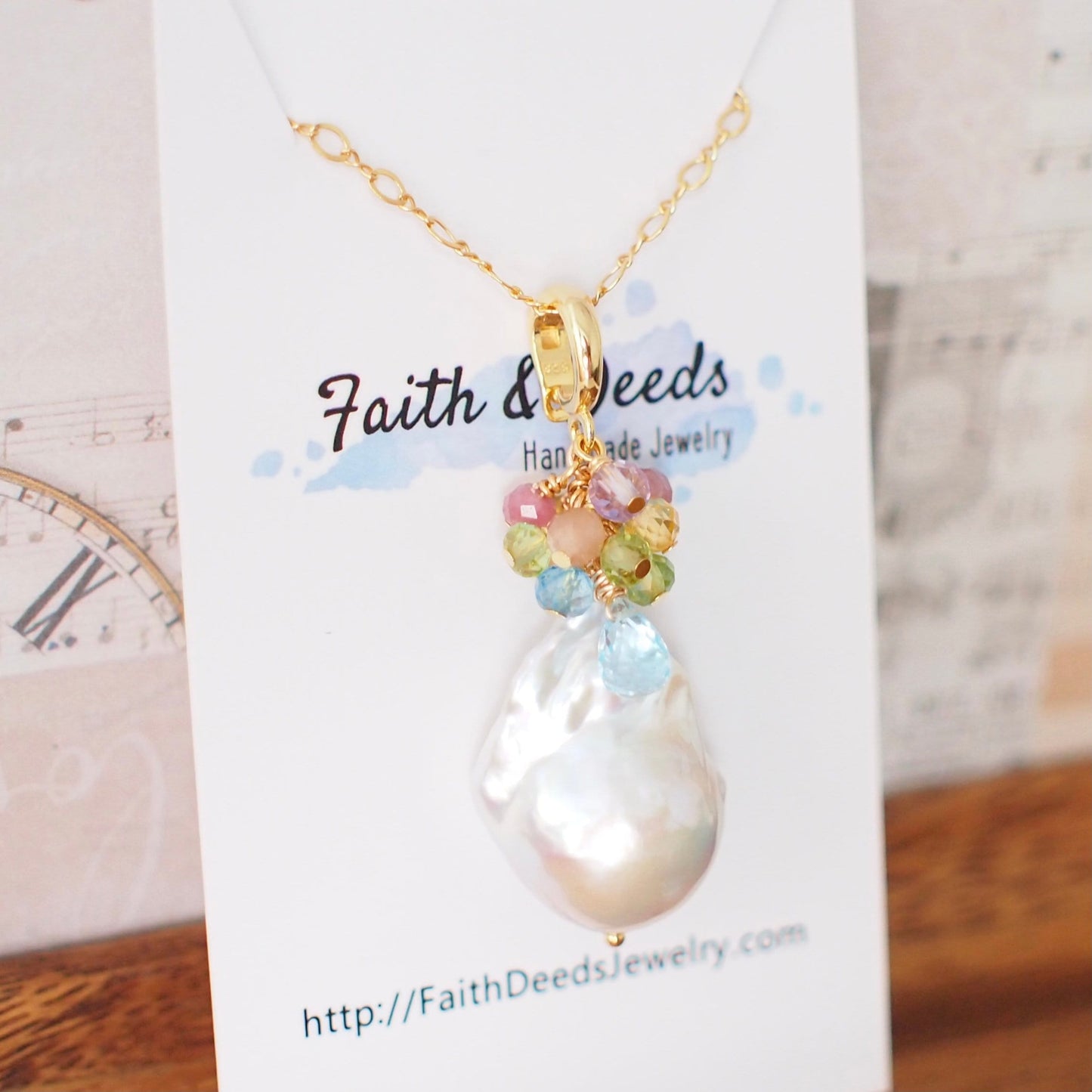 Baroque Pearl x Gem Cluster Pendant // Flameball Pearl // Long Statement Necklace // Rainbow Gems // 14K Gold-filled
