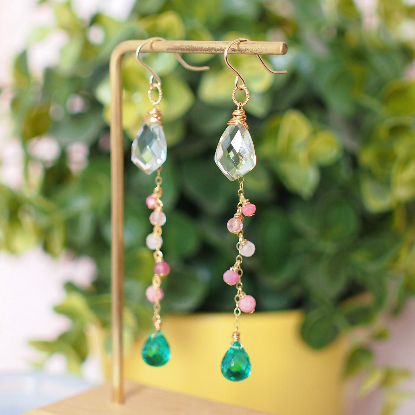 Green Amethyst x Green Quartz Earrings // Dangling Style // 14K Gold-filled // Wire-wrapped // Assorted Gems // Refreshing & Feminine