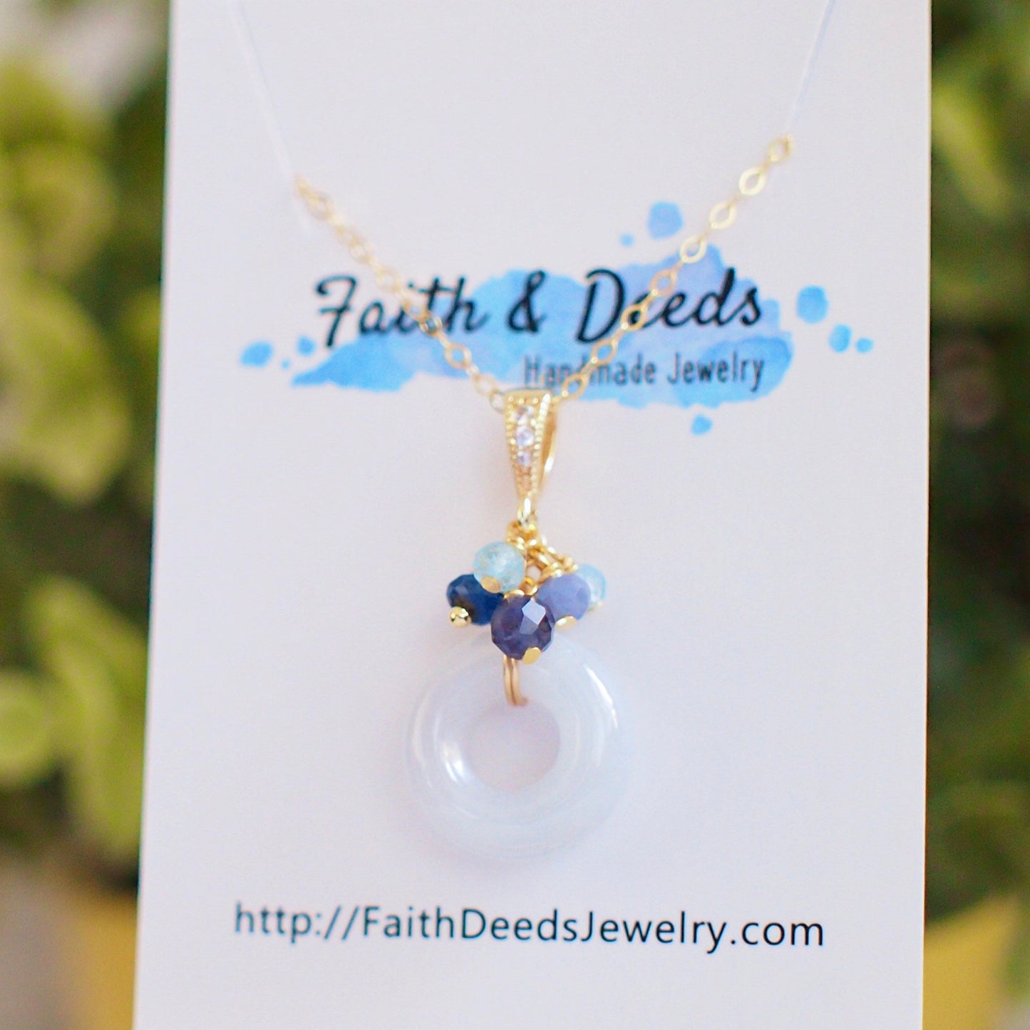 Type A Burmese White Jade Ring Pendant // Blue Gem Cluster // 14K Gold-filled // Dainty & Chic