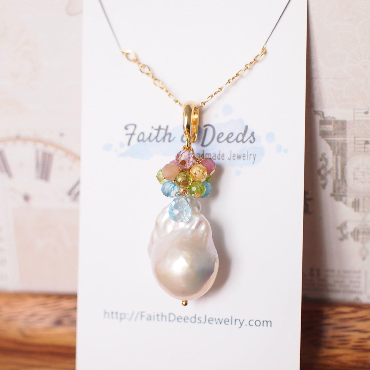 Baroque Pearl x Gem Cluster Pendant // Flameball Pearl // Long Statement Necklace // Rainbow Gems // 14K Gold-filled