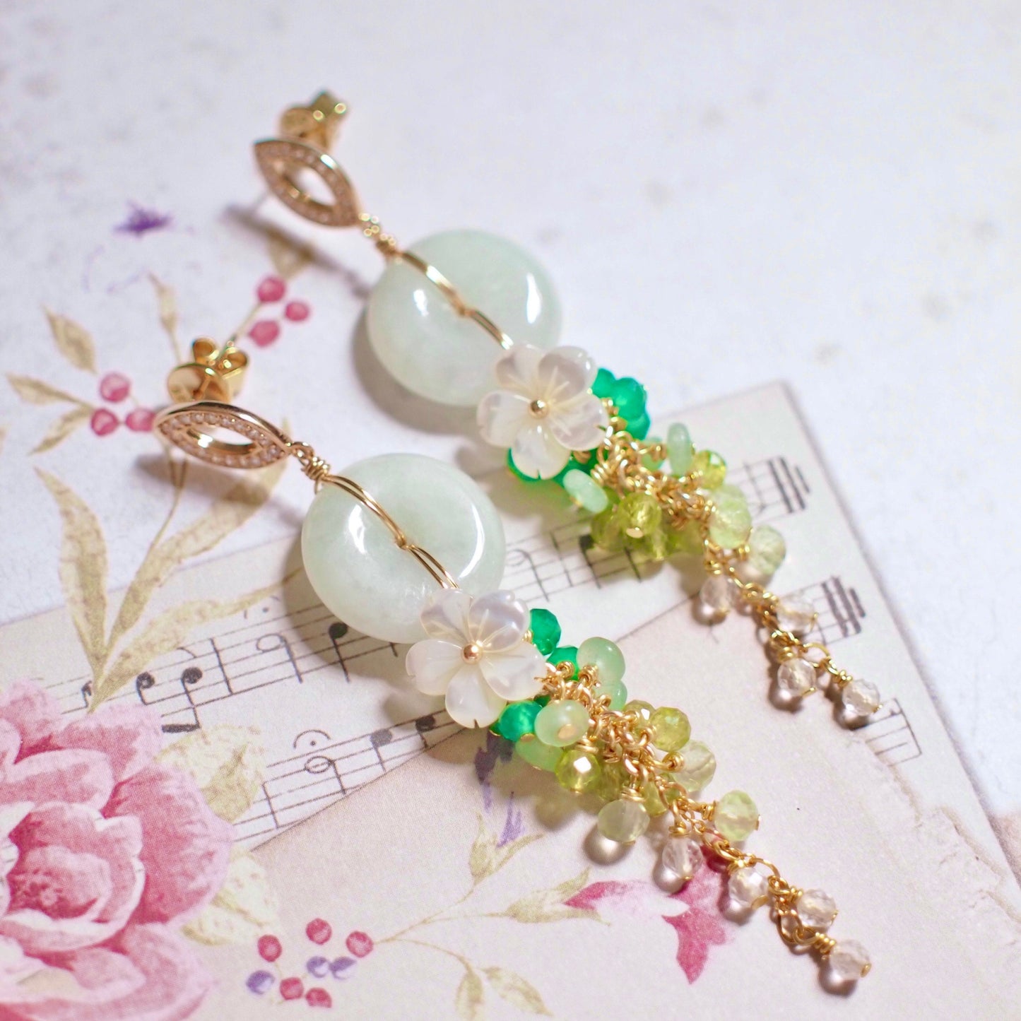Type A Burmese Jade Donut Earrings // Green Ombre // 14K Gold-filled // Long Dangling Style