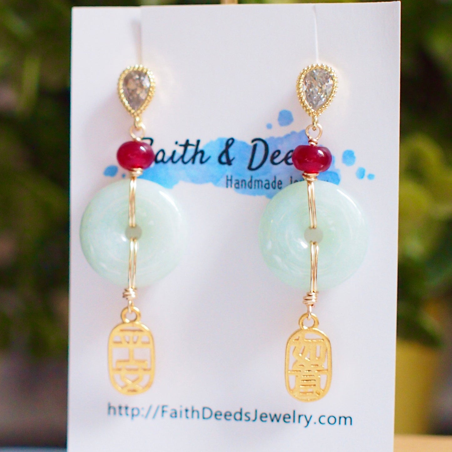 Type A Burmese Jade Donut Earrings // Red Chalcedony // Charms of Blessings // 14K Gold-filled // Oriental Theme