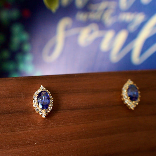 Blue Spinel Earrings // Halo Setting // Cubic Zirconia // 14K Yellow Gold Plated Over Silver