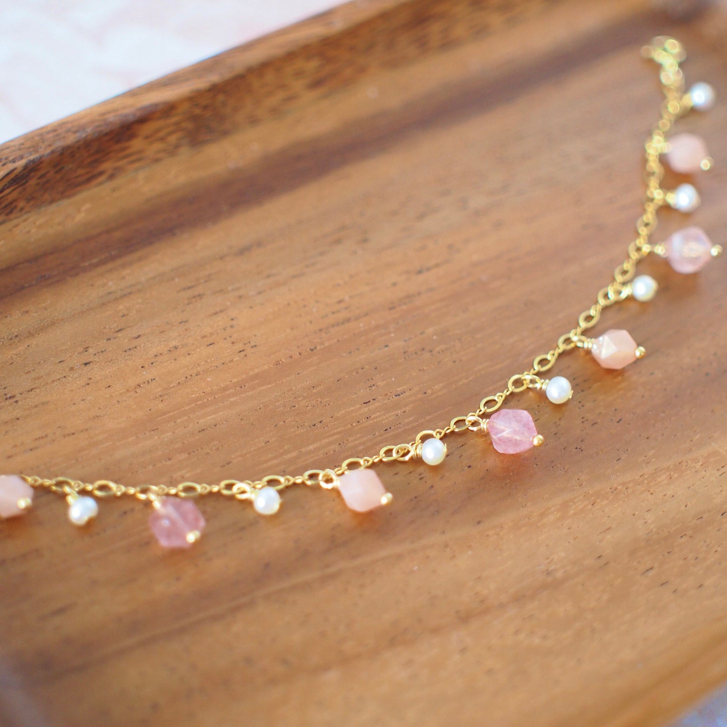 Sunstones x Strawberry Quartz x Pearls Charm Bracelet // Sparkly & Sweet // 14K Gold-filled // Dainty