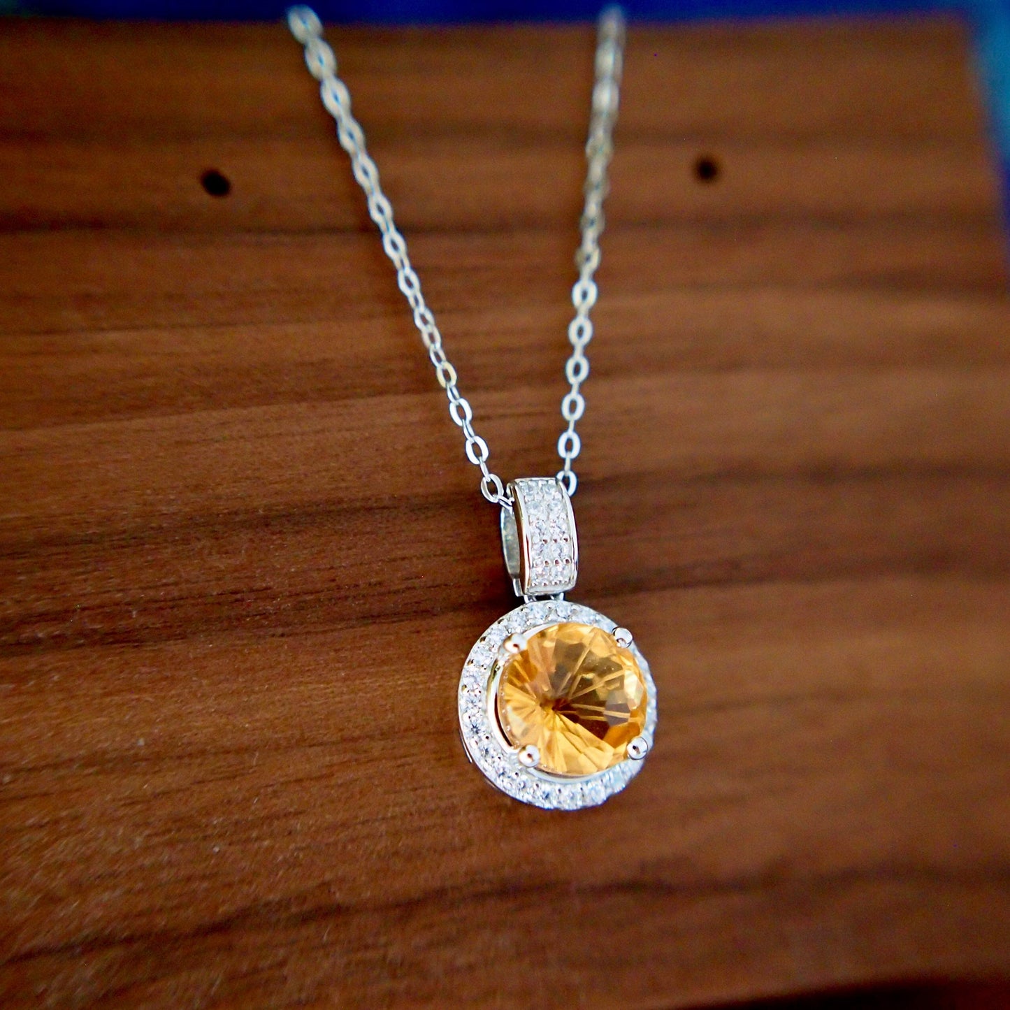 Citrine Quartz Pendant // Halo Setting // Cubic Zirconia // 18K White Gold Plated Over Silver // With Chain