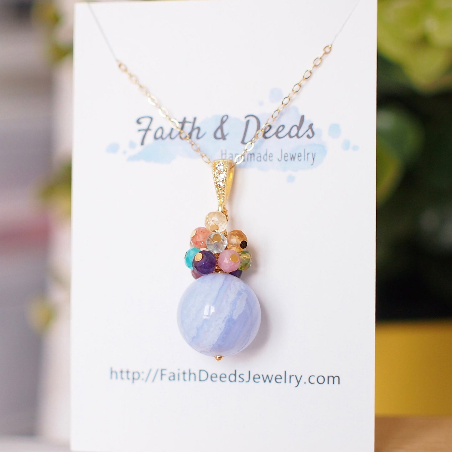 Blue Lace Agate Pendant // Gem Pendant // Rainbow Gem Cluster // 14K Gold-filled // Cheerful & Stunning
