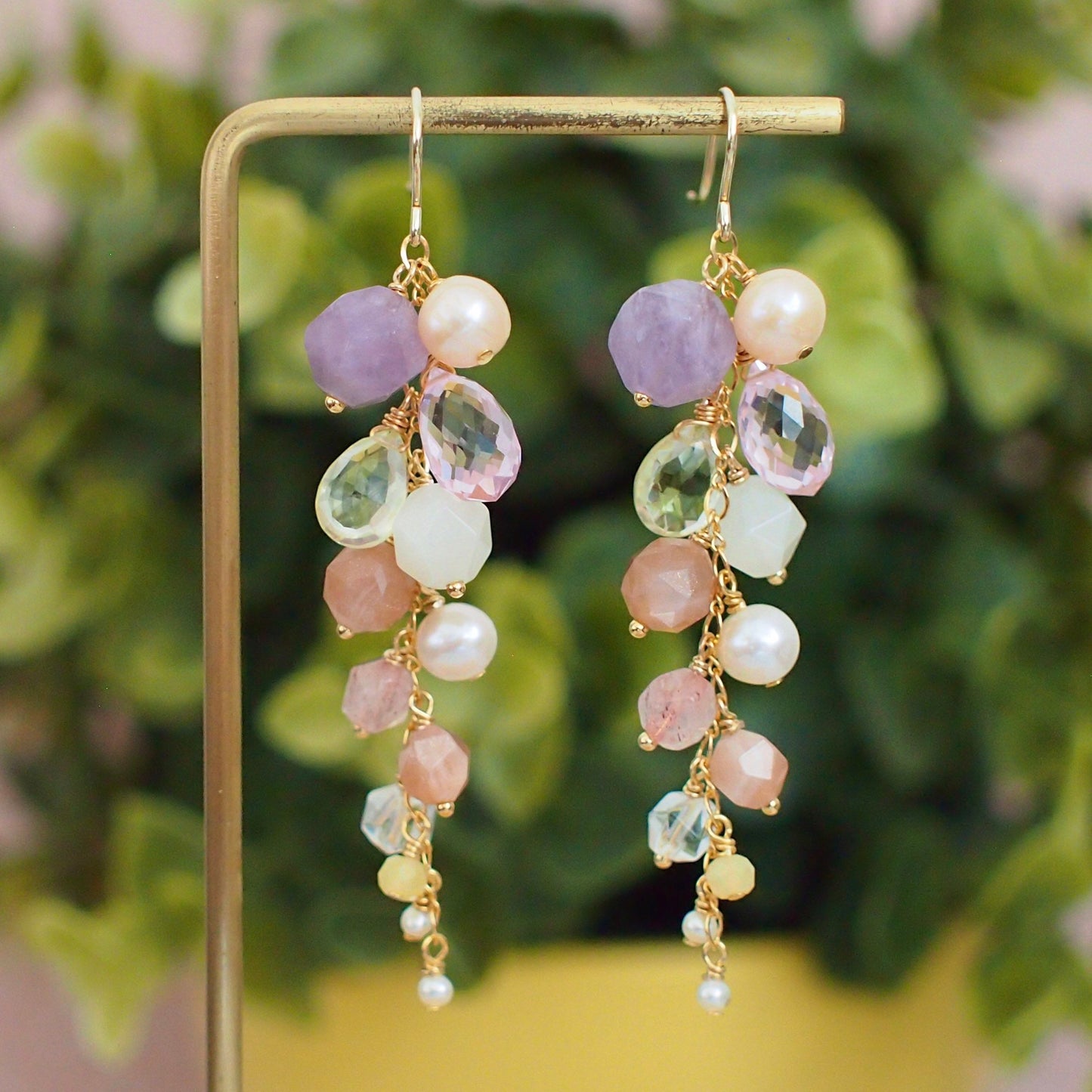 Multi Stones Dangle Earrings // Lilac Floral Theme // Dangling Style // Gems Cluster // Sparkly & Precious // 14K Gold-filled