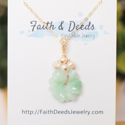 Type A Burmese Jade Flower Pendant // Fresh Water Pearl// 14K Gold-filled // Sweet & Classy