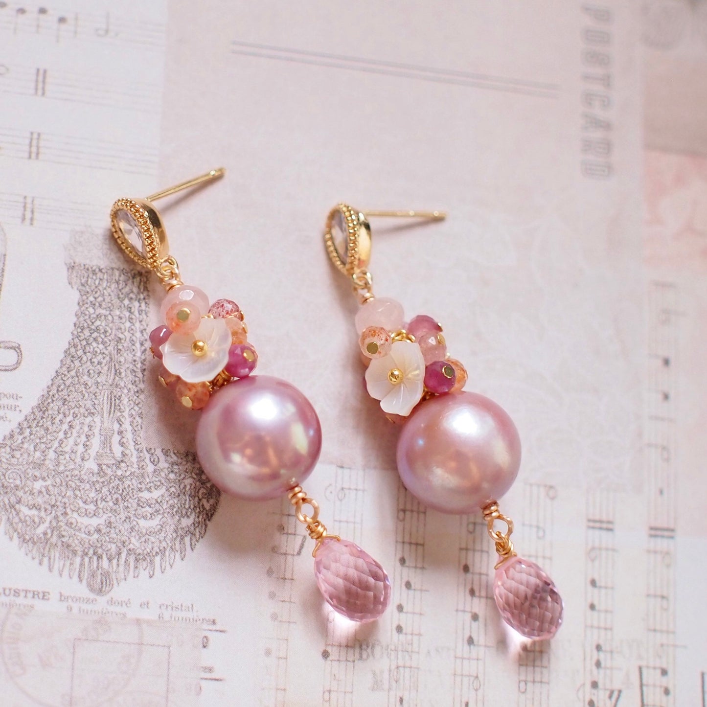 Purple Edison Pearl x Pink Quartz Earrings // Gem Cluster // 14K Gold-filled // Sweet & Unique