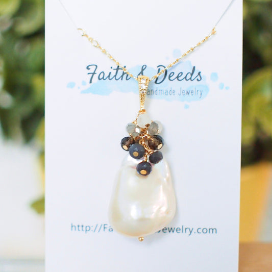 Baroque Pearl x Gem Cluster Pendant // Flameball Pearl // Long Statement Necklace // Sophisticated & Sexy // 14K Gold-filled