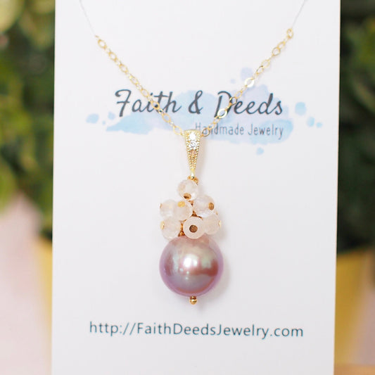 Edison Pearl Pendant // Natural Pinkish Purple // Rainbow Moonstone Cluster // 14K Gold-filled