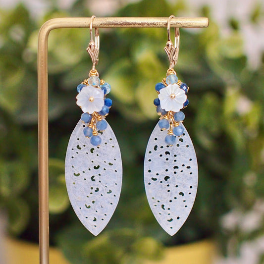 Type A White Carved Jadeite Statement Earrings // Blue Gem Cluster // 14K Gold-filled // Graceful & Regal